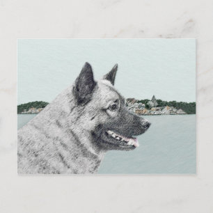 Postal Elkhound noruego en pintura de aldea - Arte de per