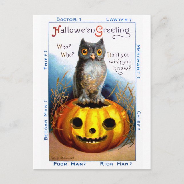 Postal Ellen H. Almohadilla: Lechuza Halloween (Anverso)