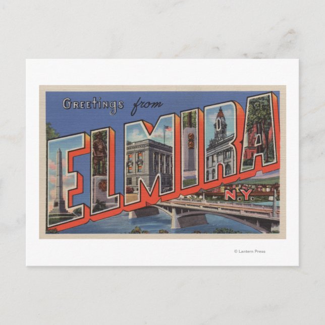 Postal Elmira, Nueva York - Escenas de letras grandes (Anverso)