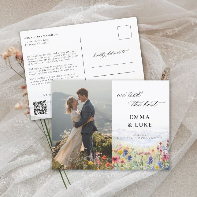 Postal Elopement Wildflowers Mountain Photo QR Boda (elopement wedding announcement postcard qr code mountain wildflowers meadow watercolor photo modern)