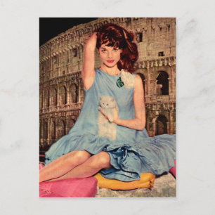 Postal Elsa Martinelli y gatito blanco