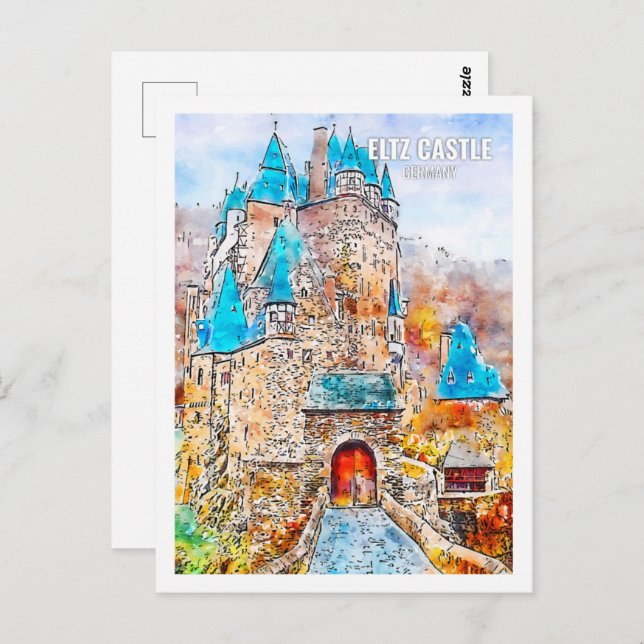 Postal Eltz Castle Germany Travel Watercolor Sketch (Anverso / Reverso)