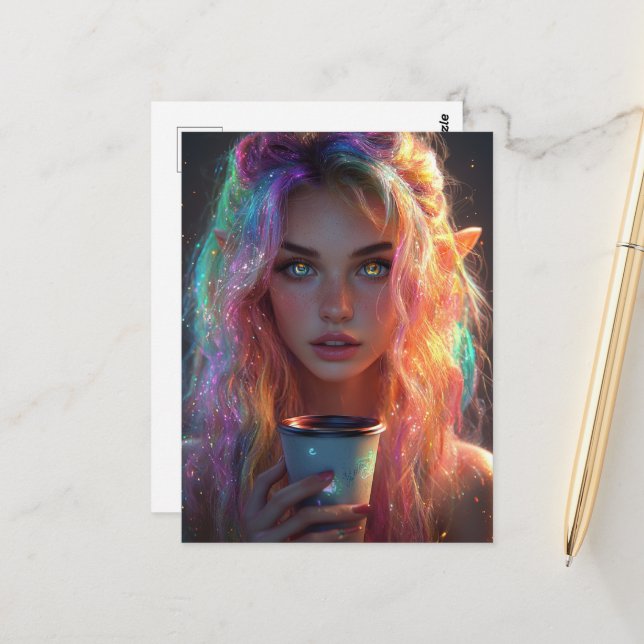 Postal Elven Woman With a Coffee (Anverso/Reverso In Situ)