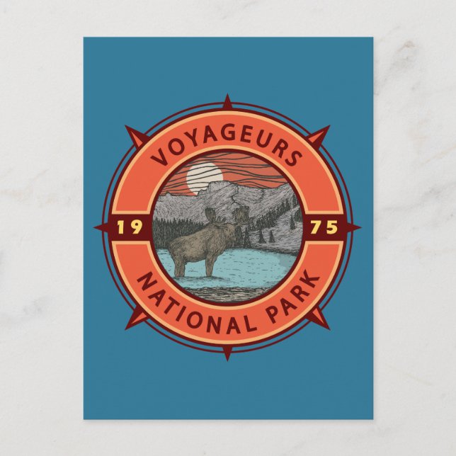 Postal Emblema Retro Brújula Alce del Parque Nacional Voy (Anverso)