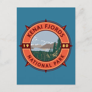 Postal Emblema Retro Brújula Parque Nacional Kenai Fjords