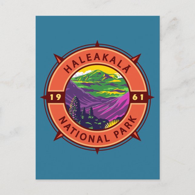 Postal Emblema Retro Compás Parque Nacional Haleakala (Anverso)