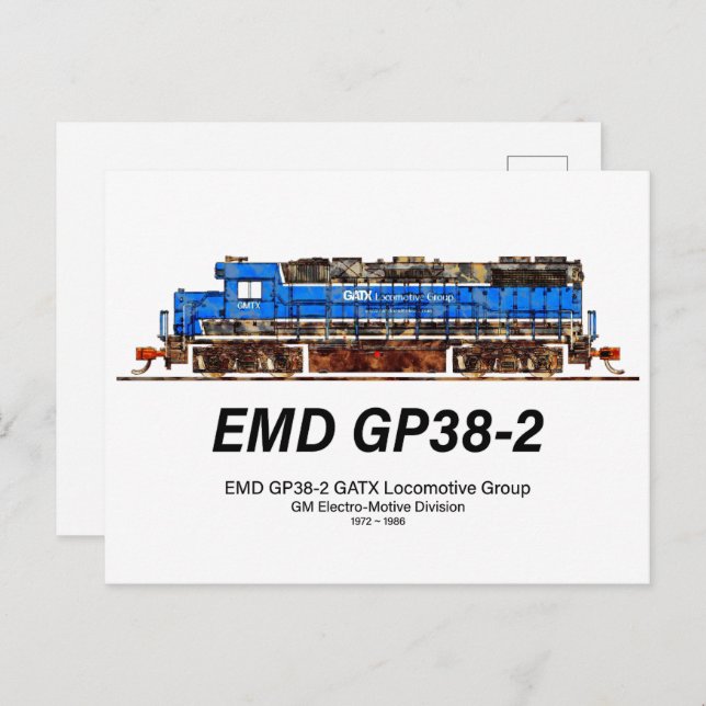 Postal EMD GP38-2 Locomotora diesel GATX azul y blanco (Anverso / Reverso)