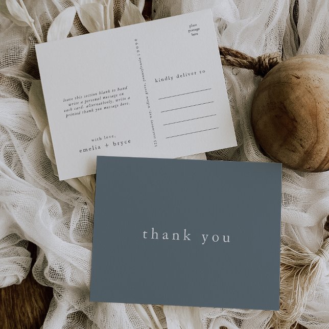 Postal EMELIA Mínimo Dusty Blue Rustic Boda Gracias (EMELIA Minimal Dusty Blue Rustic Wedding Thank You Postcard)