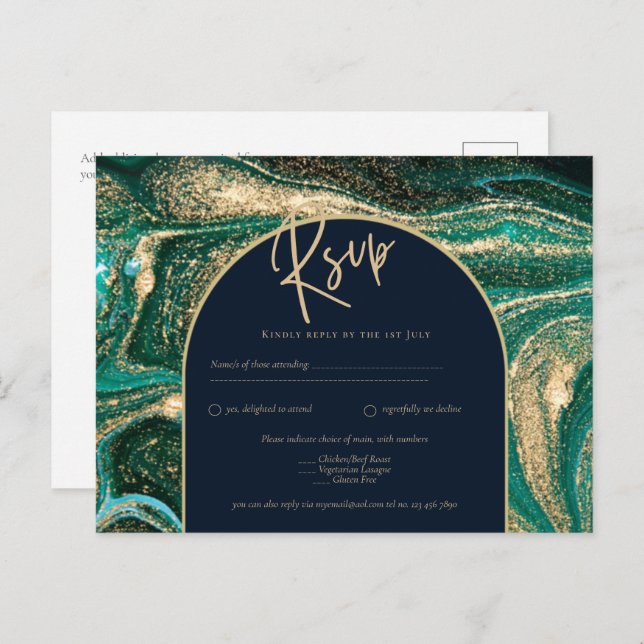 Postal Emerald Green Gold Agate Marble Wedding RSVP (Anverso / Reverso)