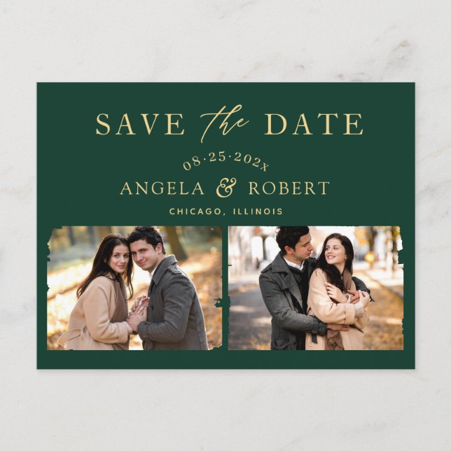 Postal Emerald Green Gold Classy 2 Photo Save the Date (Anverso)