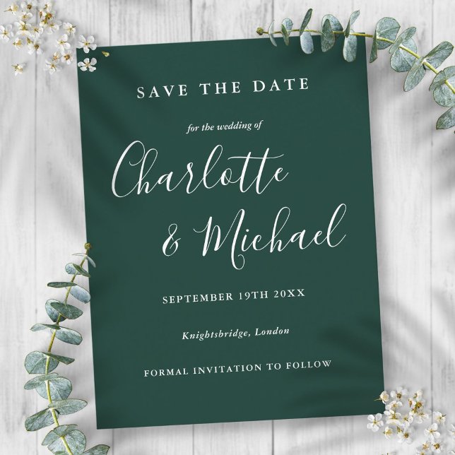 Postal Emerald Green Script Wedding Save the Date Card (Emerald Green Script Wedding Save the Date Card)