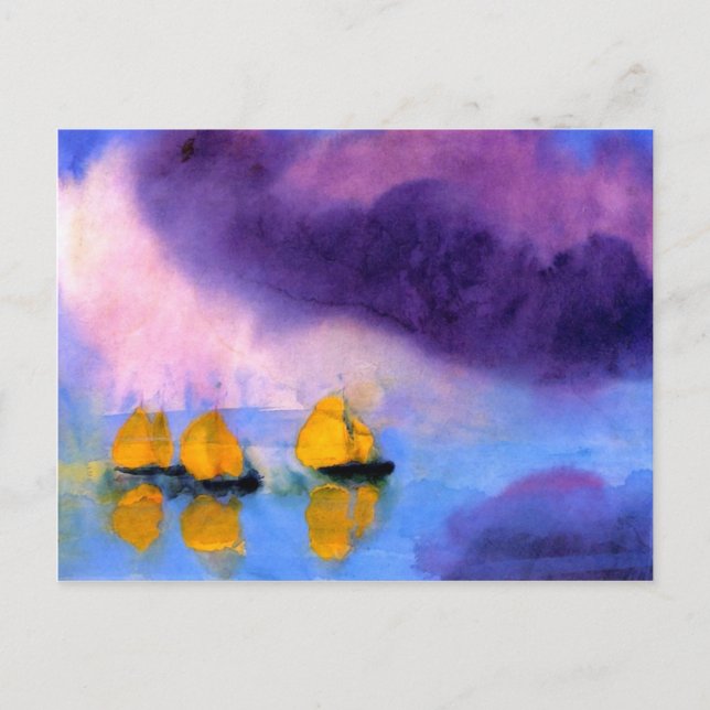 Postal Emil Nolde - Mar con nubes violetas y veleros (Anverso)