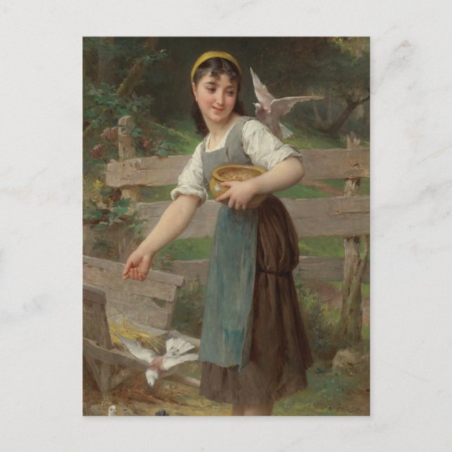 Postal Emile Munier Vintage alimentando a las palomas (Anverso)