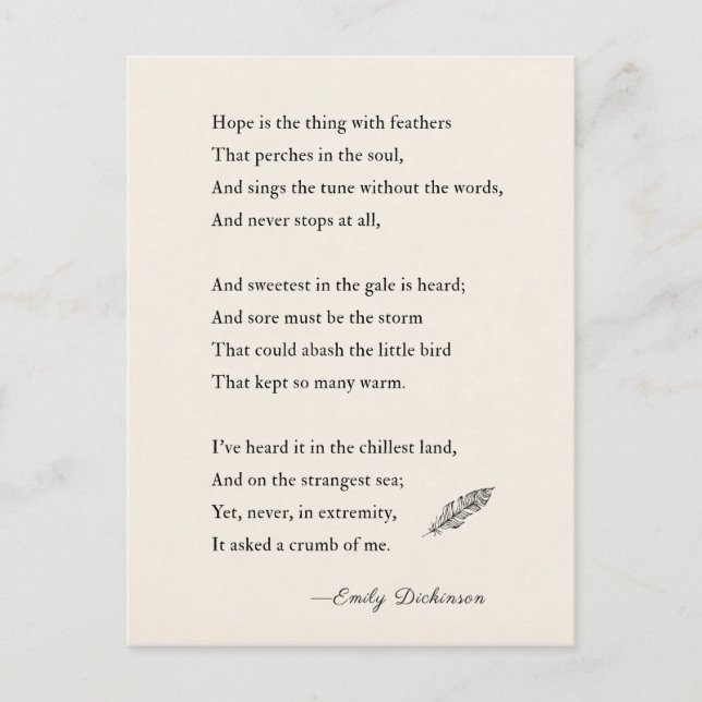 Postal Emily Dickinson Poem espera que sea cosa de plumas (Anverso)