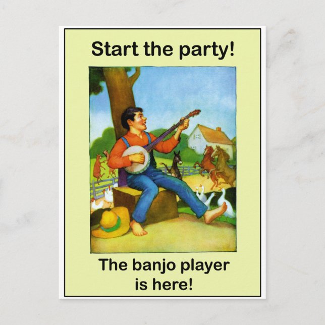 Postal ¡Empieza el fiesta! ¡El jugador de banjo está aquí (Anverso)