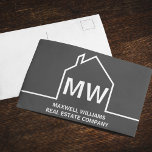 Postal Empresa inmobiliaria gris oscuro Monograma Realtor<br><div class="desc">Esta moderna postal de marketing en color gris oscuro monograma de inmobiliaria es personalizado hecha con el nombre de su compañía de propiedades en negro bajo las iniciales del agente de propiedades en tipografía simple. Este diseño gris minimalista presenta un contorno de línea simple de una casa. Regalo contemporáneo para...</div>