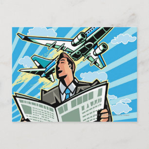 Postal Empresario con periódico y avión arriba