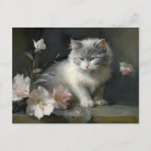 Postal En compañía de flores Gris y Gatito Blanco