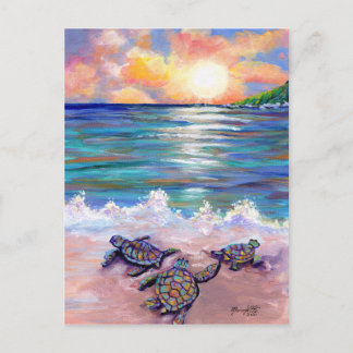 Postal En la playa con tortugas marinas bebés