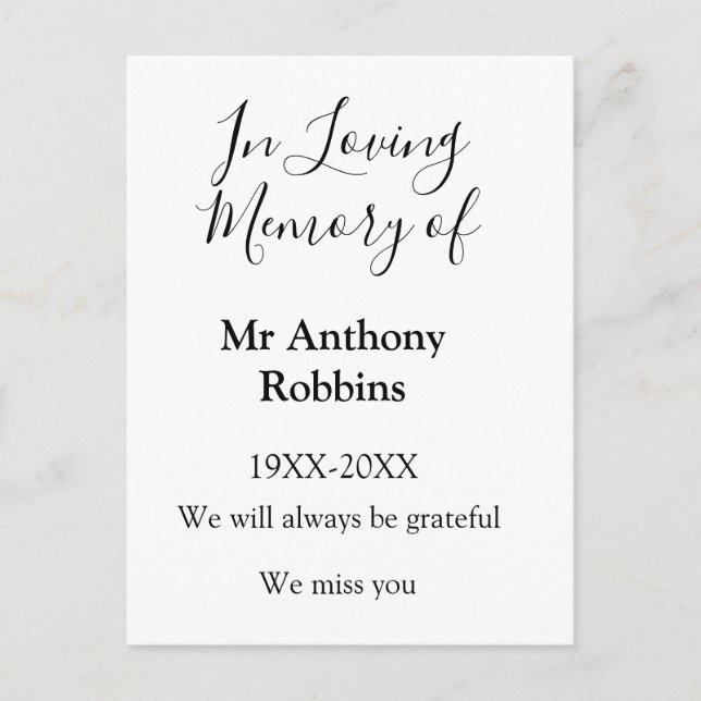 Postal En memoria amorosa de nombre recuerdo funeral (Anverso)