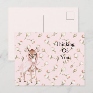 Postal Encantado ciervo floral de rosas rosadas pensando 