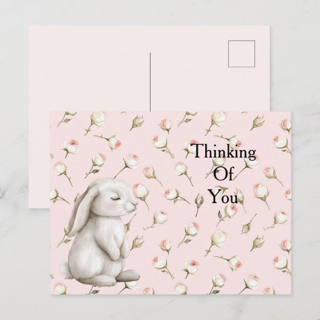 Postal Encantado rosa Roses Floral Bunny Pensando en ti (Anverso / Reverso)