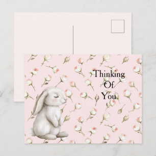 Postal Encantado rosa Roses Floral Bunny Pensando en ti