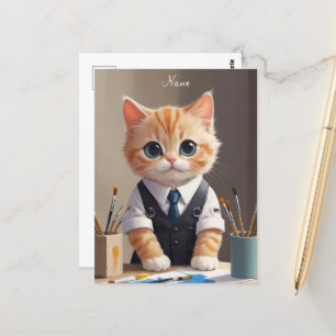 Postal Encantador artista de gatos de jengibre con pincel