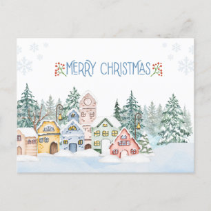 Postal Encantador pueblo nevado Navidad acuarela