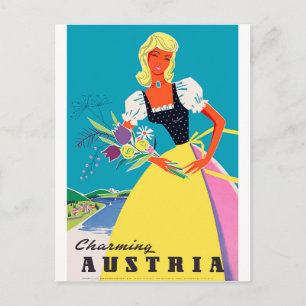 Postal Encantadora Austria, mujer con flores, ilustracion