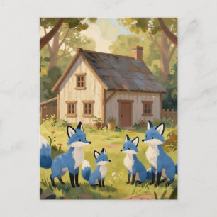 Postal Encantadora Cabaña de la Familia de Zorros Azules