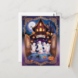 Postal Encantadora Casa de Calabaza y Gato de Halloween