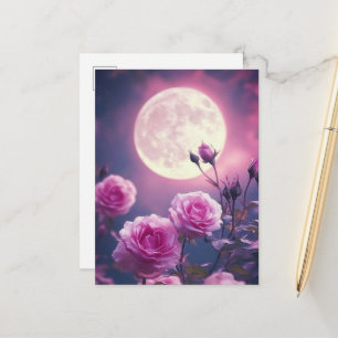 Postal Encantadora Luna Rosa y Rosas en Flor Fantasía Art