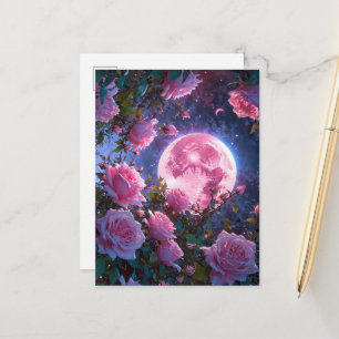 Postal Encantadora Luna Rosa y Rosas en Flor Fantasía Art