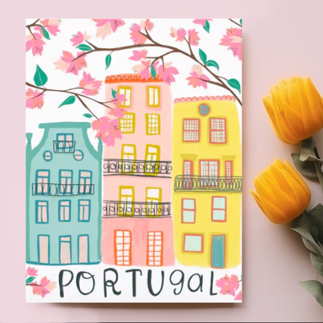 Postal Encantadoras casas en Portugal Personalizado de ar (Sweet custom art of houses in Porto Portugal with pink flowers. Add your own text)