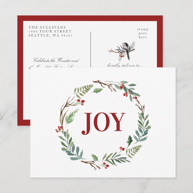 Postal Encantadores Navidades de vacaciones JOY Wreath Wi (Anverso / Reverso)