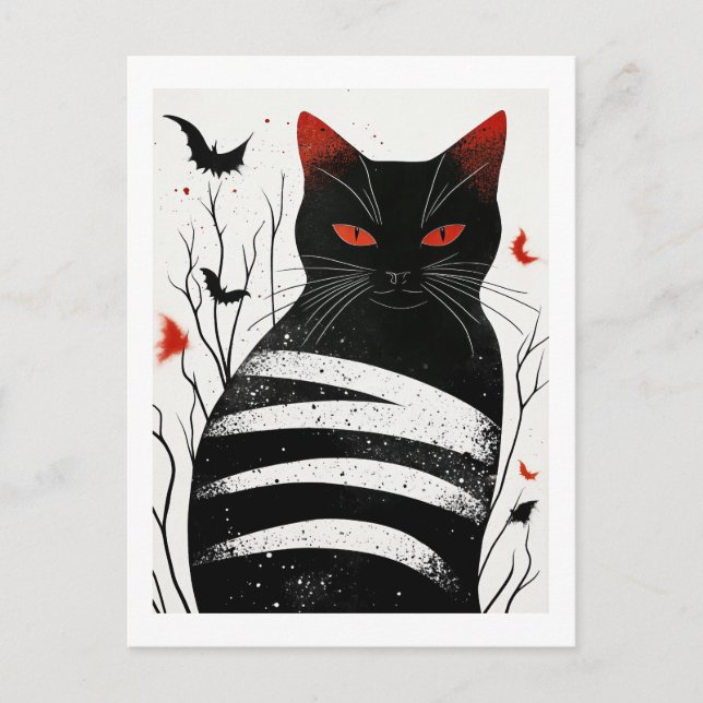 Postal Encanto a rayas: Arte de gato en otoño de Hallowee (Anverso)