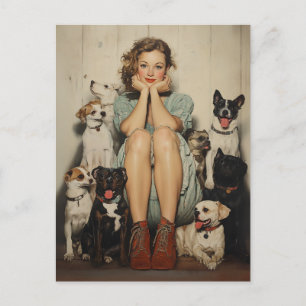 Postal Encanto de cosecha = Joven rodeada de perros