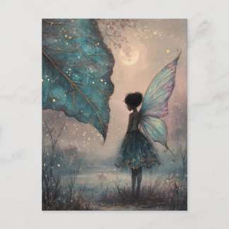 Postal Enchanted Moonlit Leaf Fairy Watercolor Fantasy