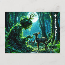 Postal Enchanted nature guardian feeding a baby fawn