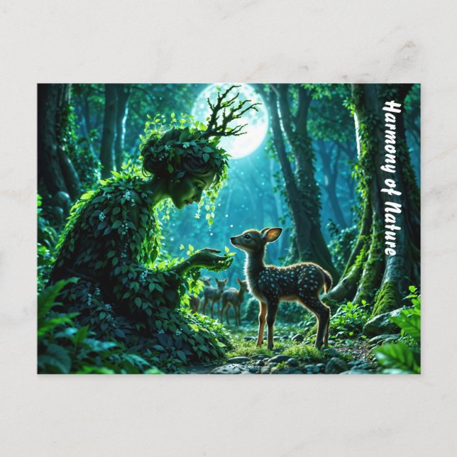 Postal Enchanted nature guardian feeding a baby fawn (Anverso)