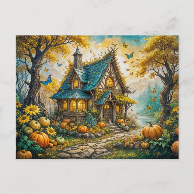 Postal Enchanting Autumn Cottage with Pumpkins (Anverso)