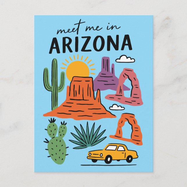 Postal Encuentrame en Arizona Retro Desierto Cactus Rocas (Anverso)