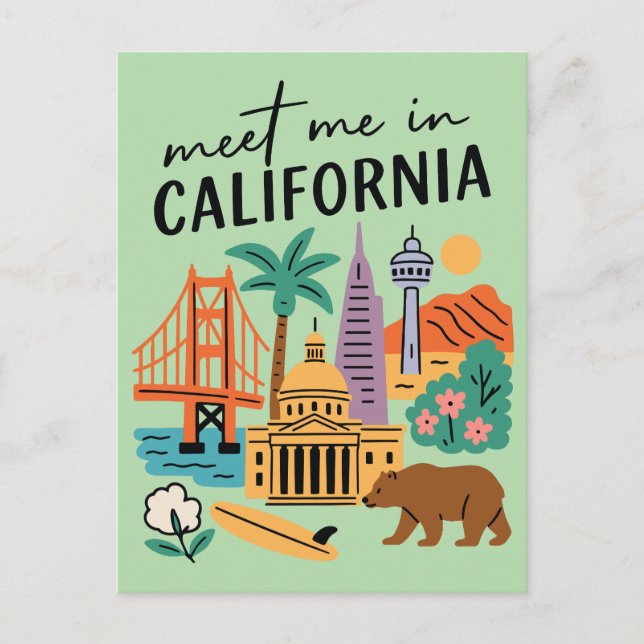 Postal Encuentrame En California Golden Gate Bear Retro (Anverso)