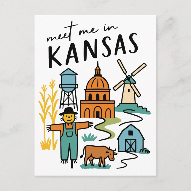 Postal Encuentrame en Kansas Granja Retro Espantapájaros  (Anverso)