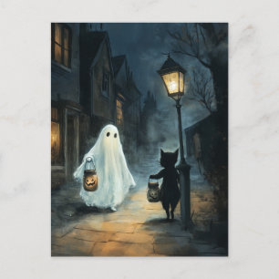Postal Encuentro de Fantasma y Gato de Halloween