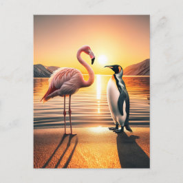Postal Encuentro Flamingo y Penguin Sunset