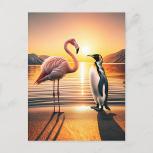 Postal Encuentro Flamingo y Penguin Sunset