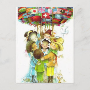 Postal Enfants du monde et drapeaux