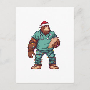 Postal Enfermera de Navidad de Bigfoot Sasquatch Atención